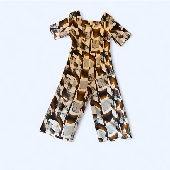 Pants - Abstract Print Wide-Leg Jumpsuit in Brown + Cream